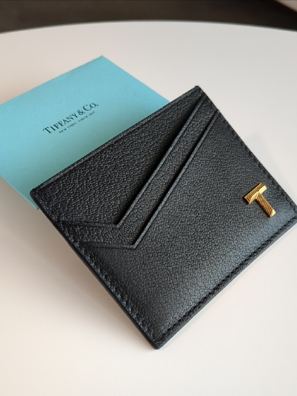 Tiffany & Co. Black Leather Card Holder with Gold T Accent